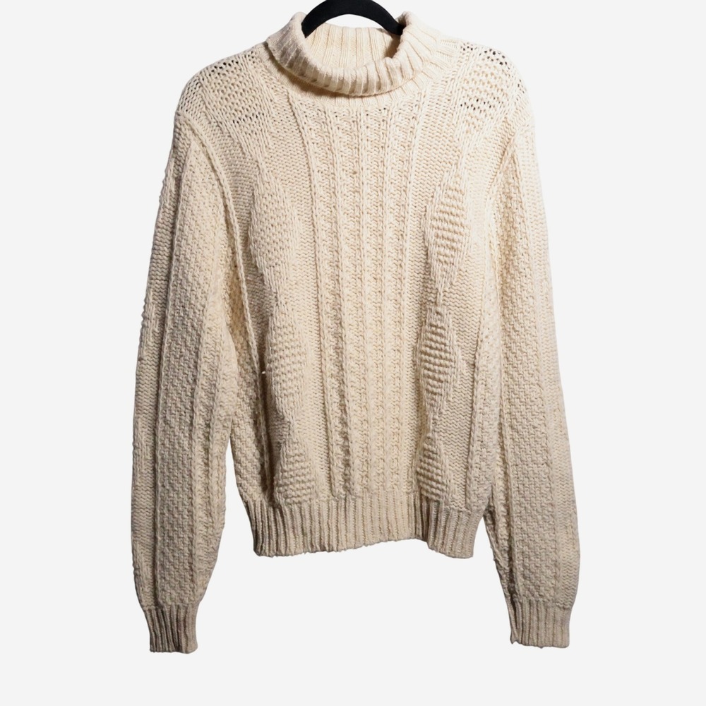 Cream Fisherman Knit Turtleneck Sweater Cable Knit Chunky Preppy Warm Womens L‎